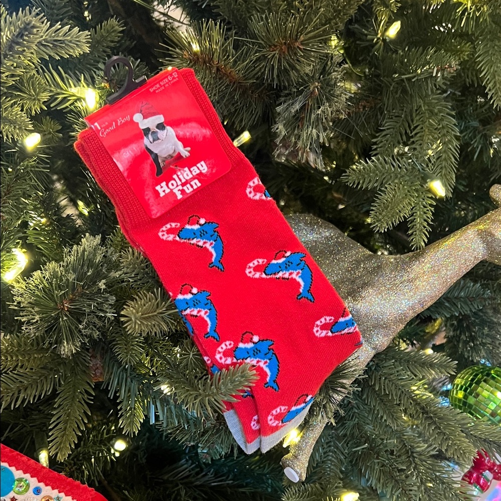 Holiday Fun Red Shark & Candy Cane Socks